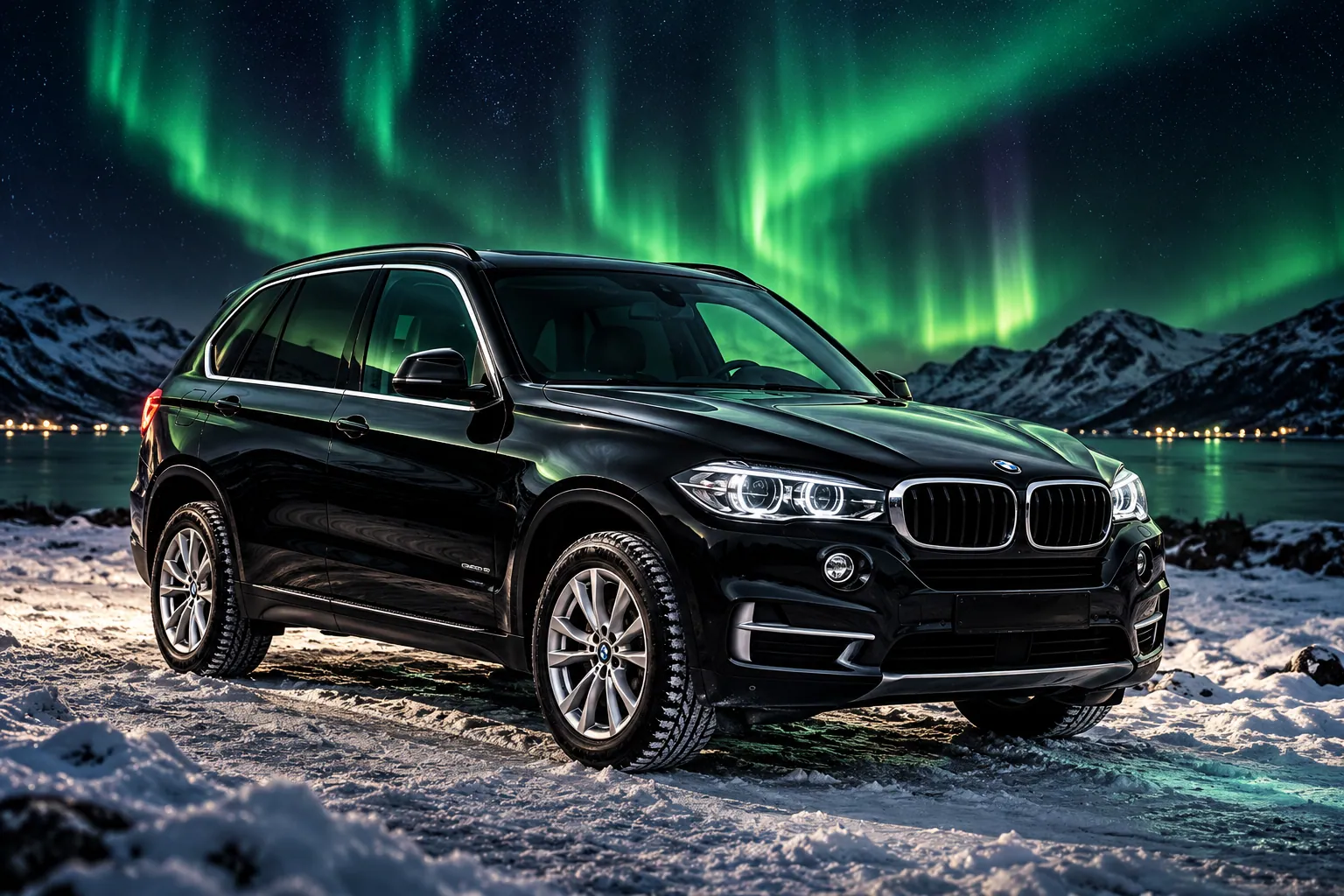 Black BMW X5 on a snowy shore under the northern lights