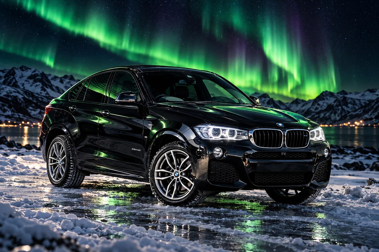 Black BMW X4 on a snowy shore under the northern lights
