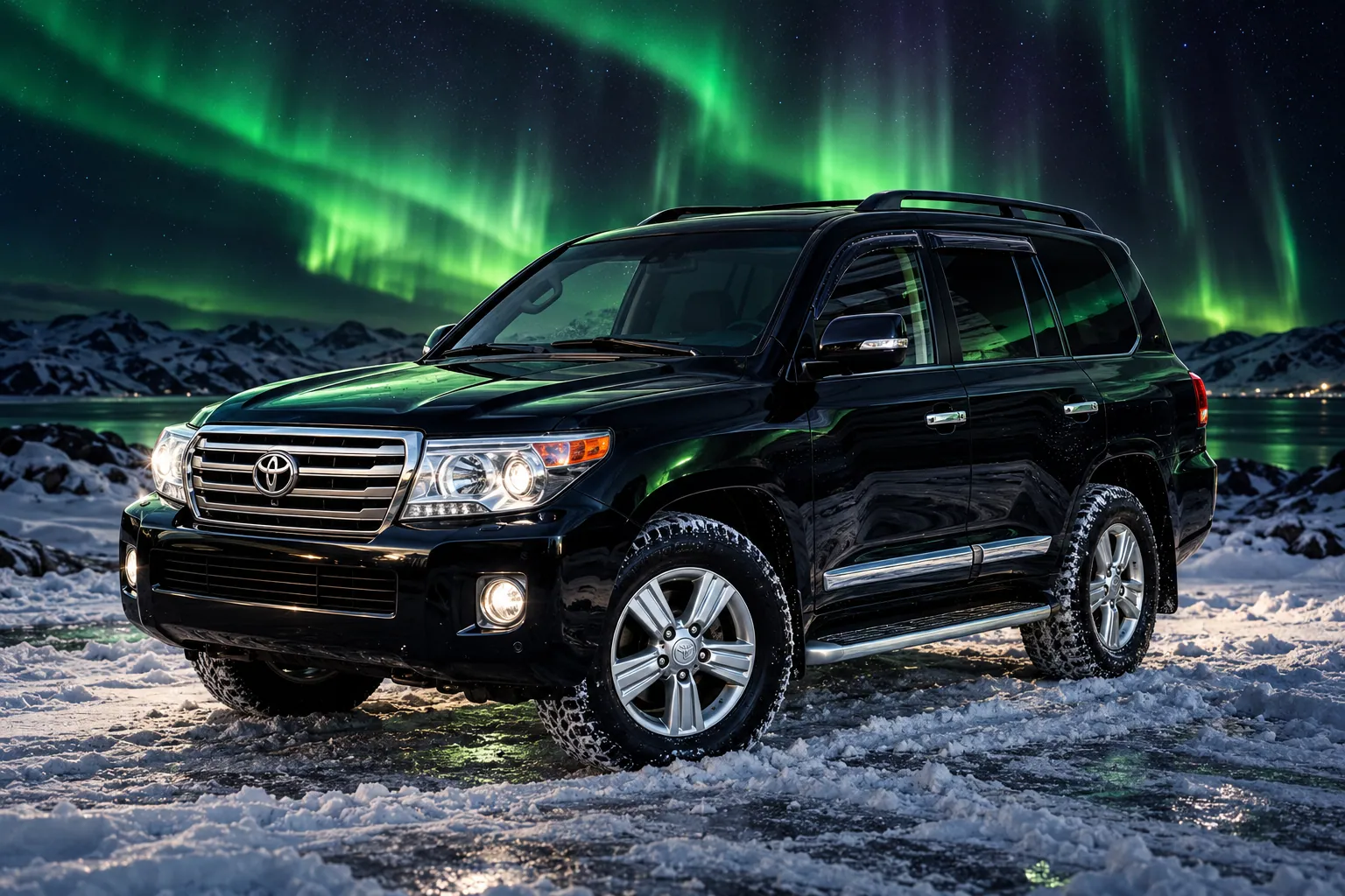 Black Toyota Land Cruiser in winter under the northern lights