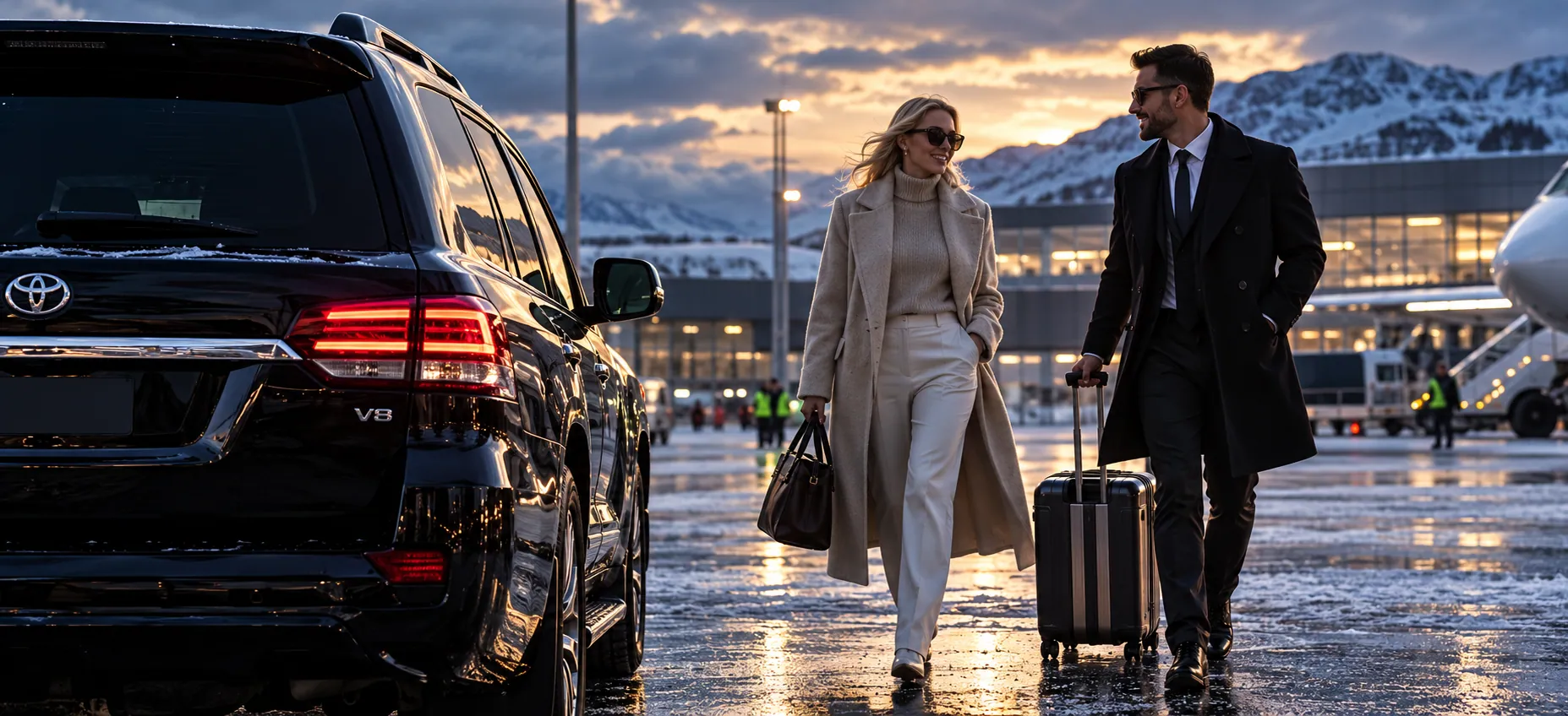 Passengers with a suitcase walking to a black Toyota Land Cruiser at the airport terminal at sunset