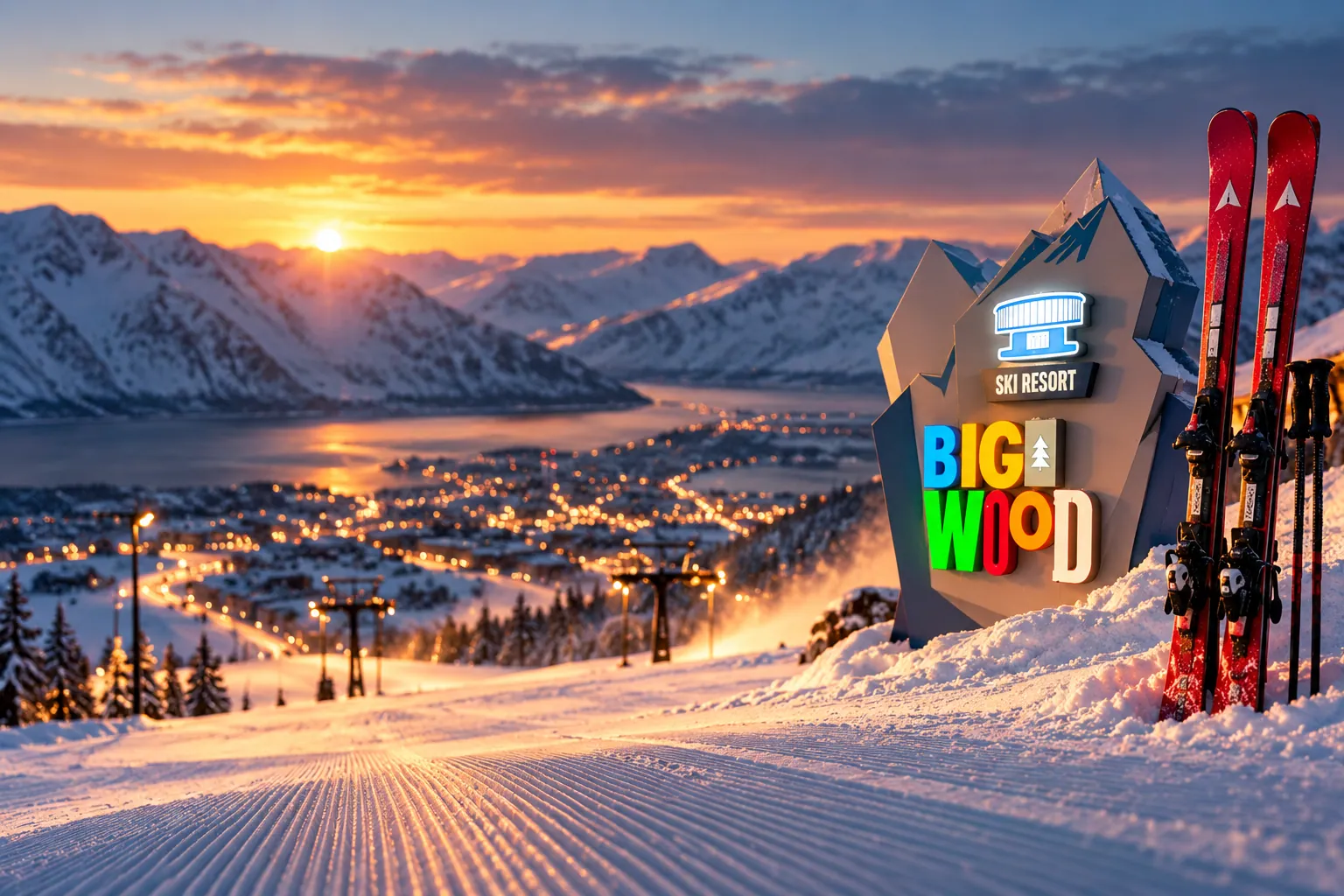 Big Wood ski resort in Kirovsk at sunset, with the town and the lake below