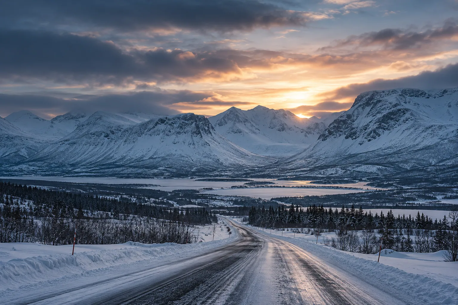 Snowy road to the Khibiny Mountains at sunset