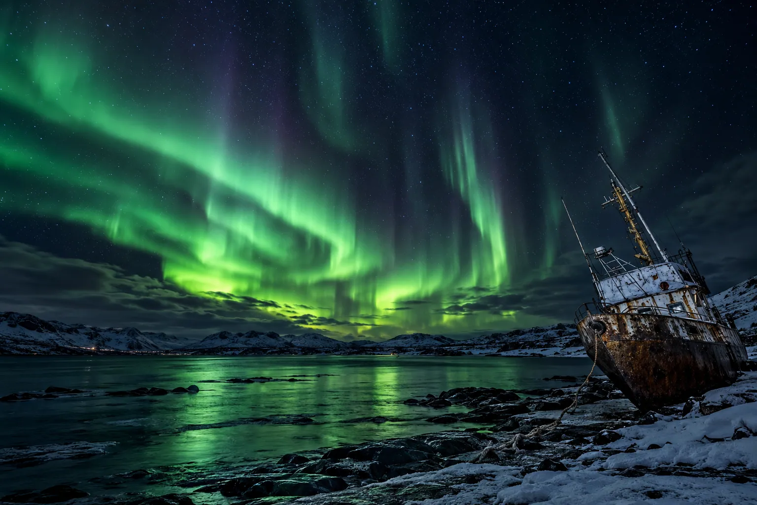 Northern lights over an old ship on the Barents Sea shore