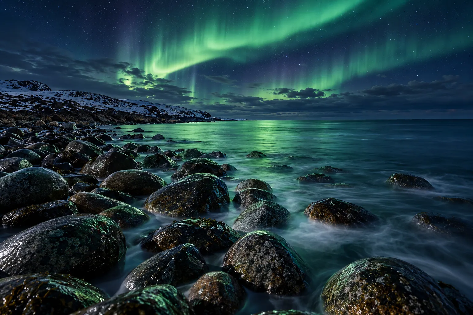 Aurora over the rocky Barents Sea shore